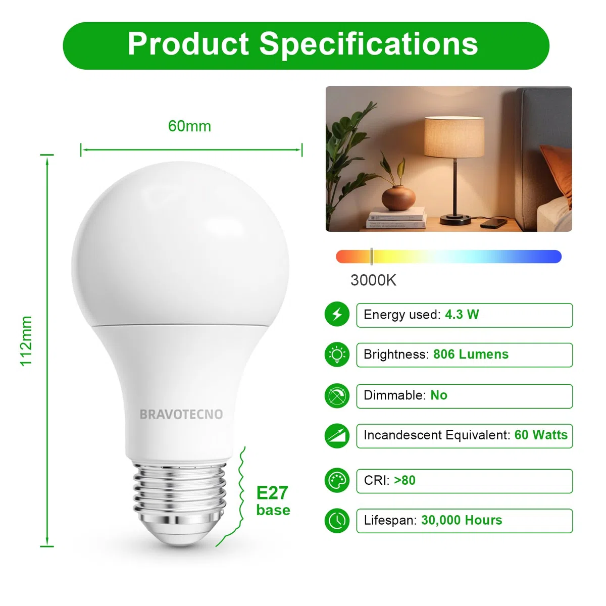 Lampadine LED E27, Classe Energetica B, E27 LED Luce Calda 3000K, 4,3W 806LM A60, Equivalente a 60W, Angolo di Illuminazione 360°, Non Dimmerabile, Basso Calore & Lunga Durata, 6 Pezzi