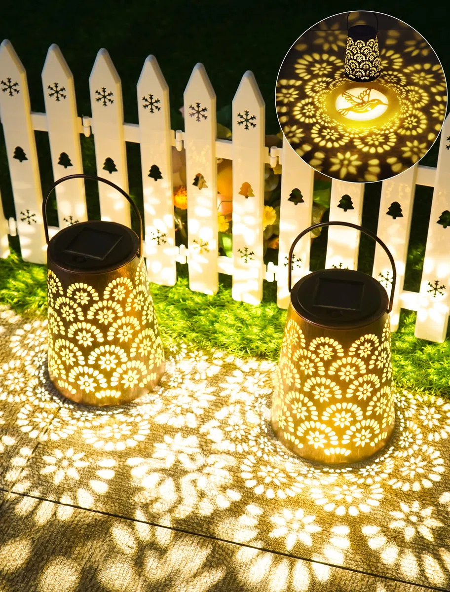 OUILA - 2 lampade solari per esterni, resistenti alle intemperie, in metallo, con protezione IP65, lampada solare decorativa a sospensione per balcone, terrazza, cortile, albero e campeggio