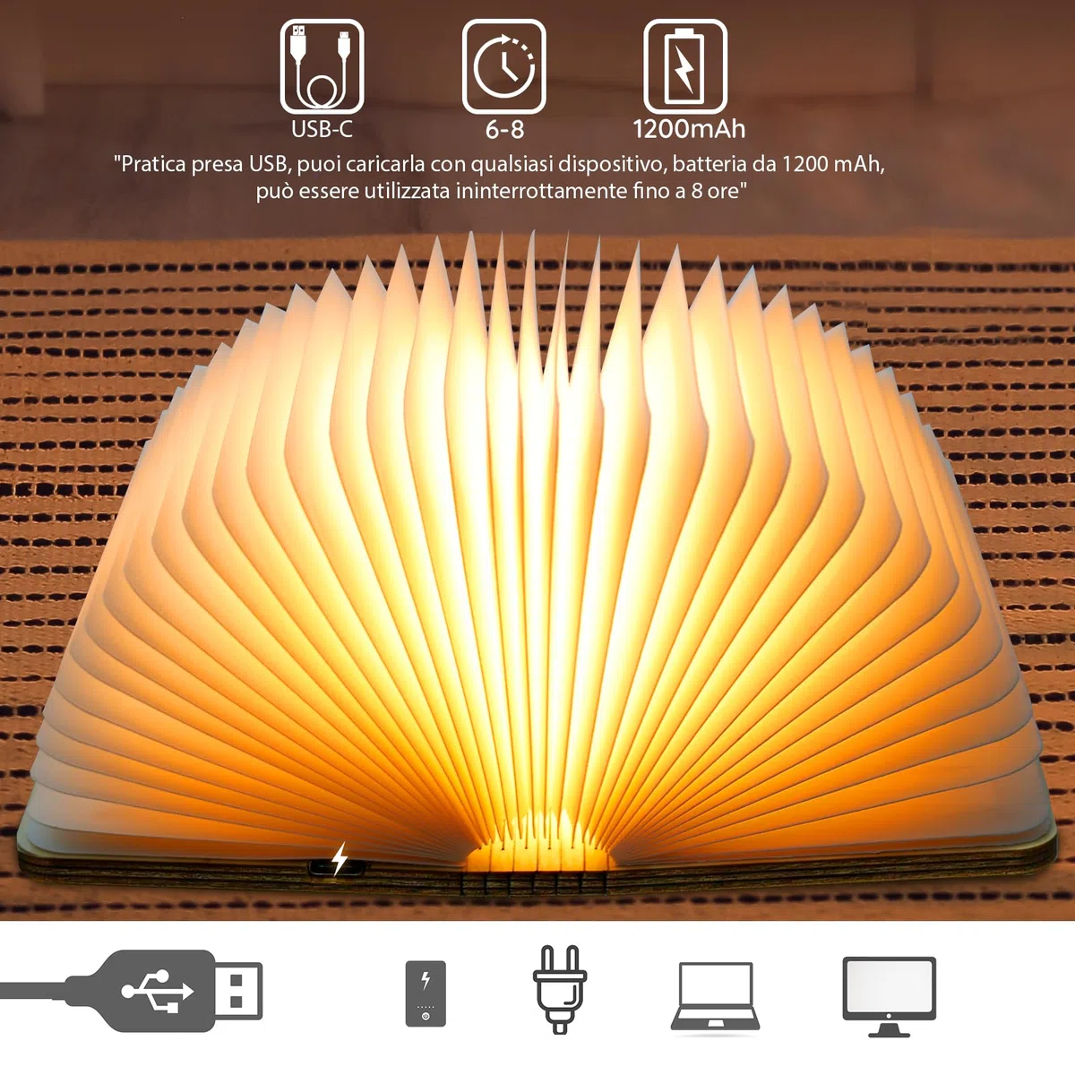 TRUMPETS Lampada Libro Led Pieghevole in Legno Mood Lights, Luci notturne 2500mAh Ricarica USB-C, Idea Regalo Originale Compleanno e Natale (12cm | Bianco caldo)