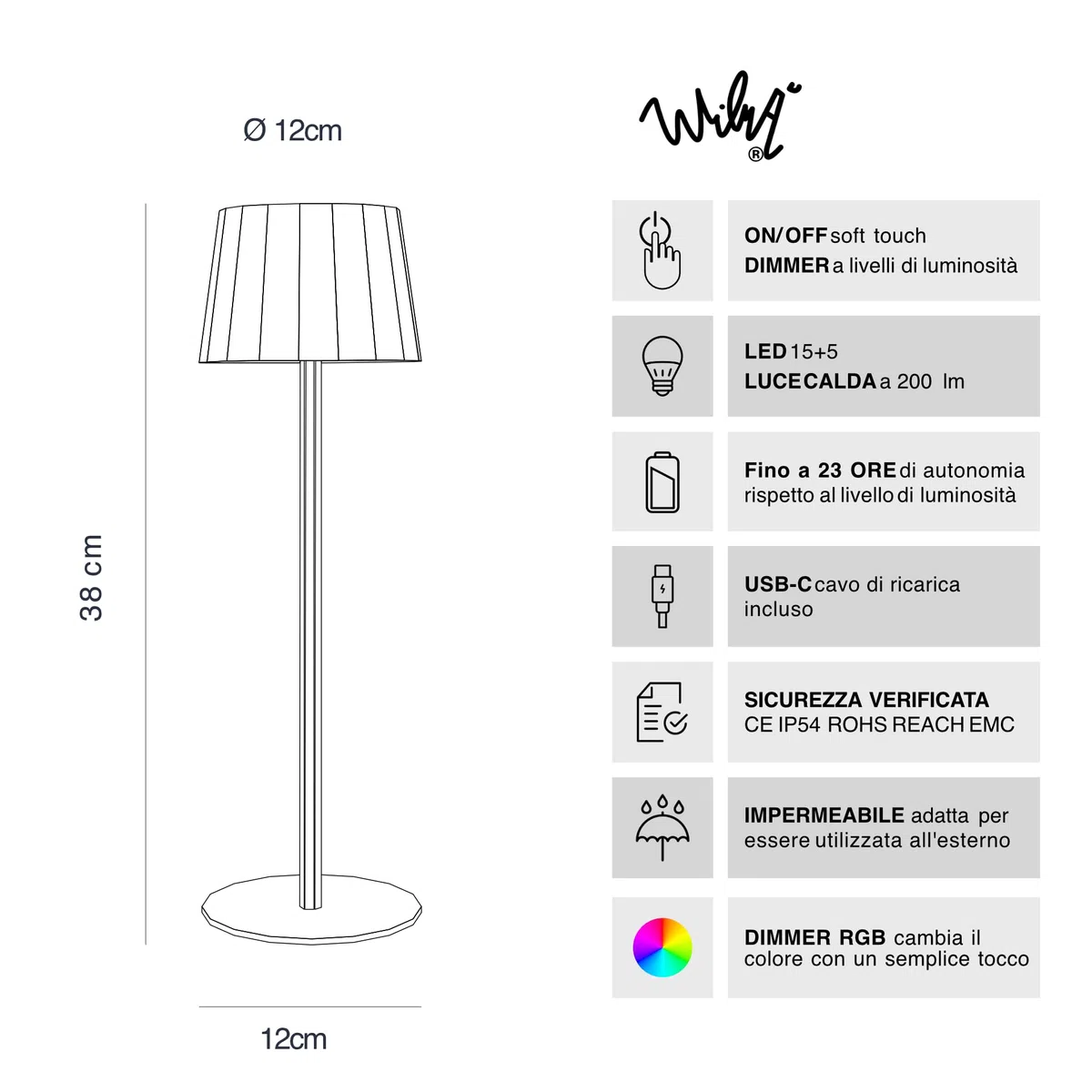 Rainbow Lampada da Tavolo Design Senza Fili Impermeabile IP54 in Alluminio Autonomia 23 Ore, Lampada Dimmerabile Led RGB Ricaricabile con Touch Control e Sistema Antiribaltamento (Azzurro)