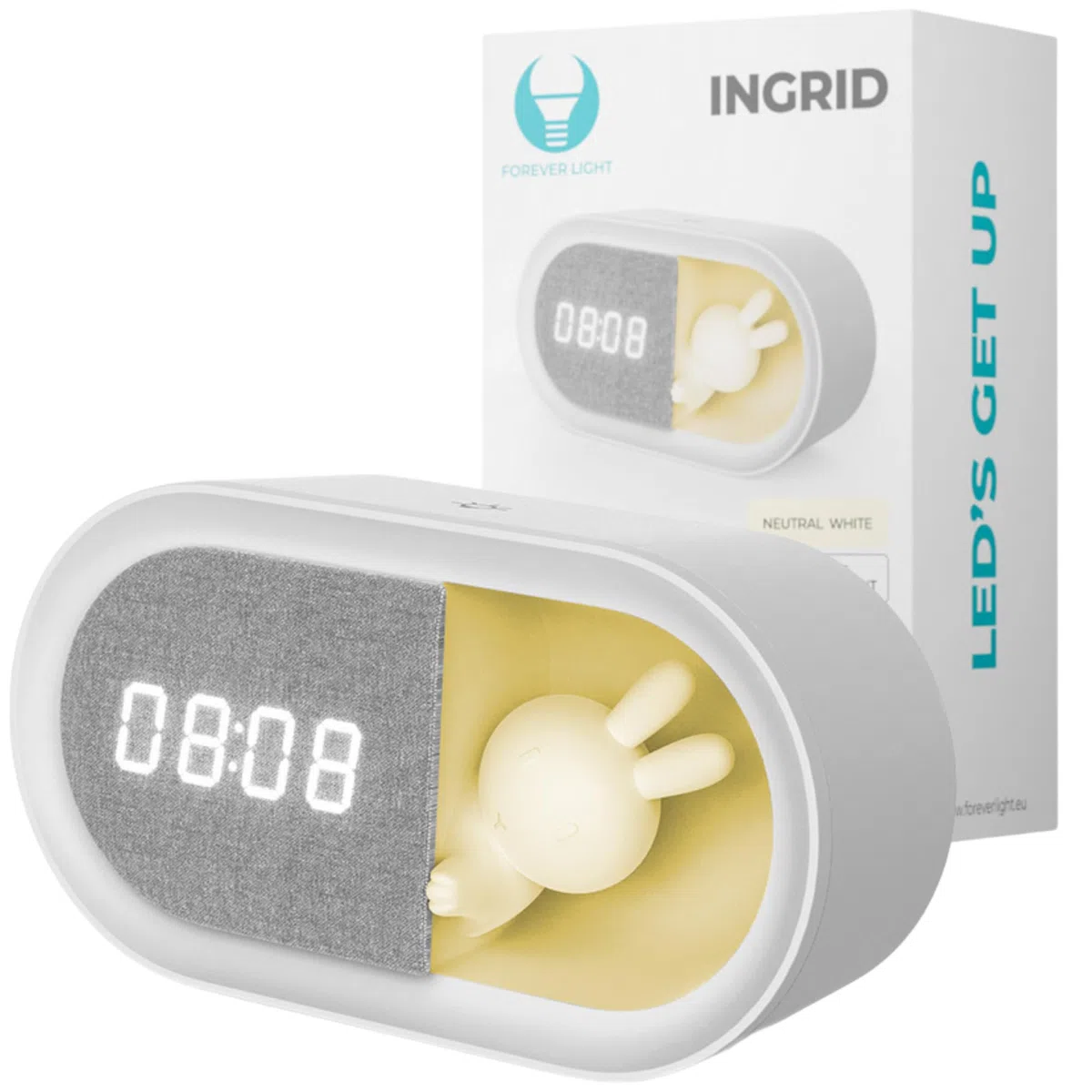Forever Sveglia con coniglietto luminoso a LED PURE FNL-05 INGRID - Sveglia, lampada da comodino per la camera dei bambini, decorazione, orologio digitale, orologio wireless, USB-C, da letto, motivo