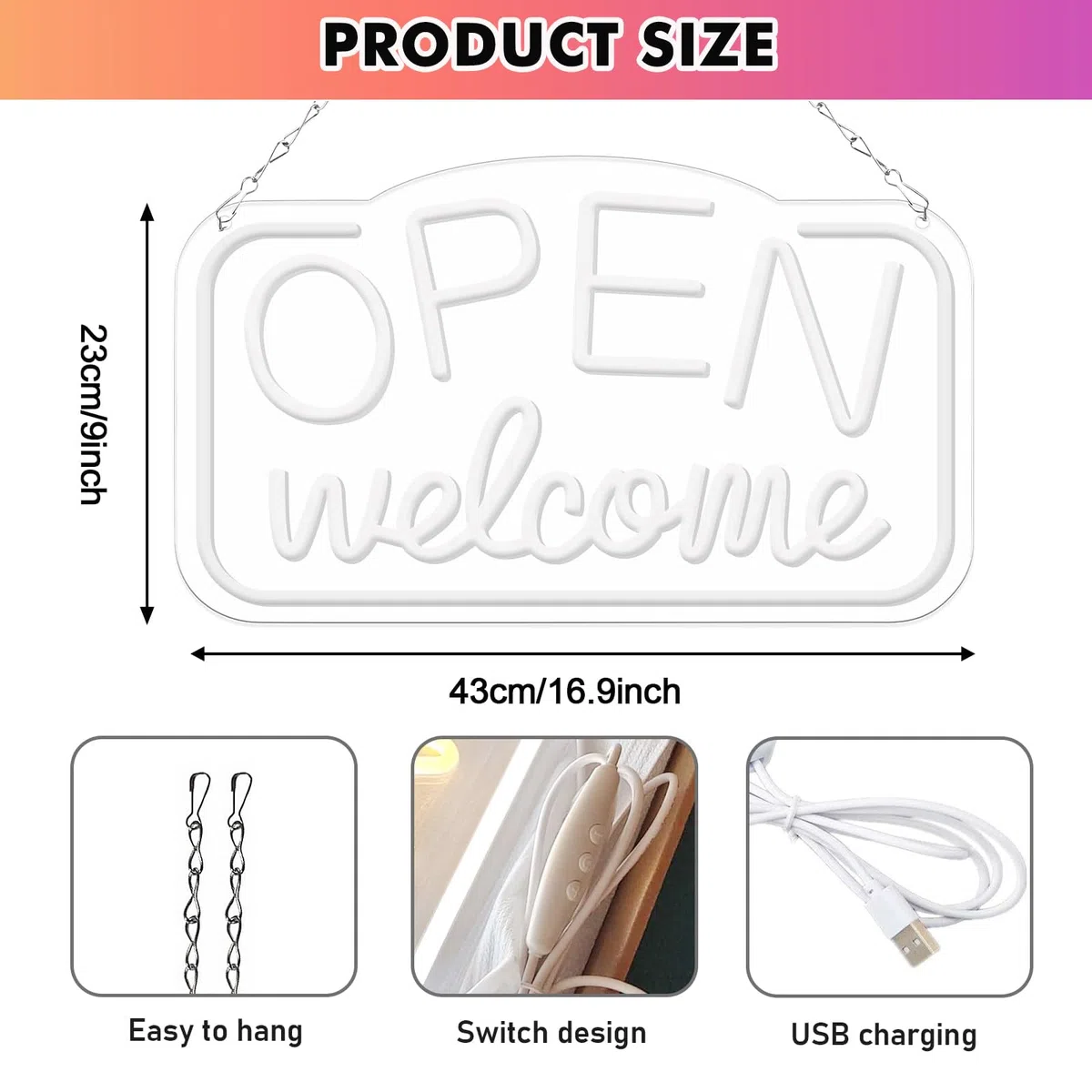 Open Insegna Al Neon Di Benvenuto, Insegna Al Neon Aperta 43 X 23 Cm, Cartello A Led Open Neon Alimentata Tramite Usb, Pannello Luminoso Al Neon Per Bar, Gaming, Camera Da Letto, Decorazione Verticale