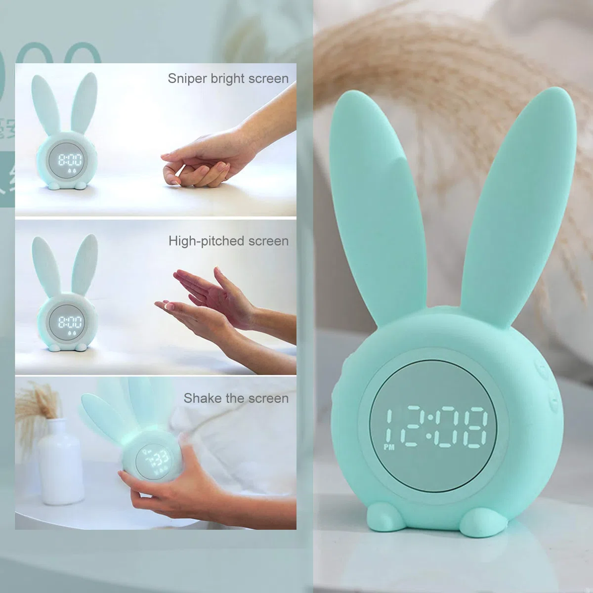 Sveglia digitale forte per i bambini, a forma di coniglio, con visualizzazione della temperatura, ripetizione, controllo vocale, luce notturna temporizzata, lampada da comodino, un buon regalo