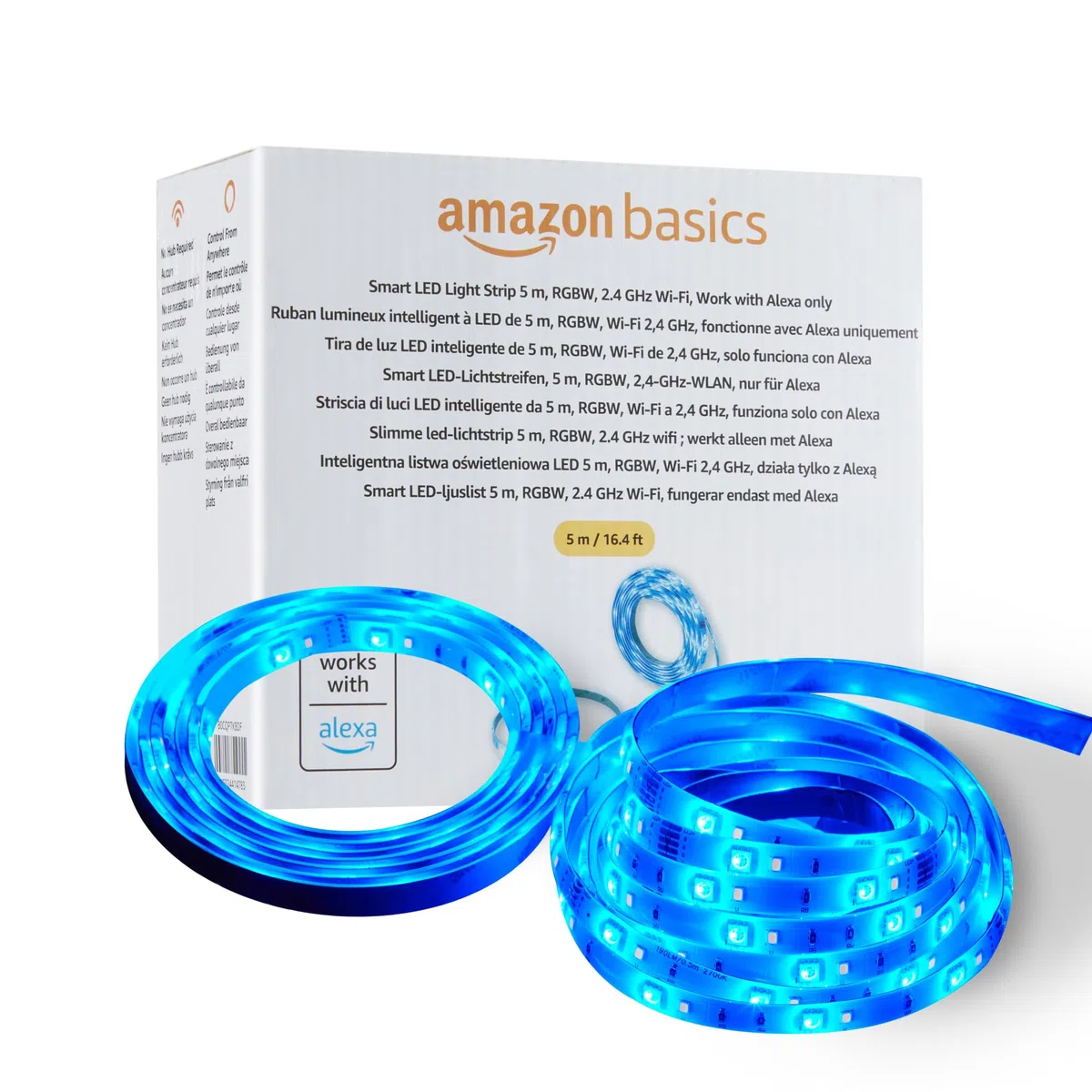 Amazon Basics Striscia luminosa LED intelligente da 5 m, RGBW, Wi-Fi 2,4 GHz, compatibile solo con Alexa, Multicolore