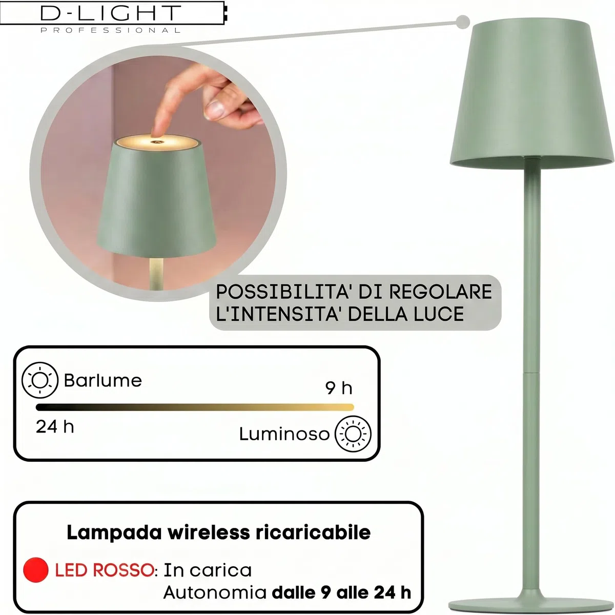 Lampada da Tavolo Senza Fili Ricaricabile con Presa USB, Abat-Jour Regolabile in Altezza con Dimmer Touch e 3 Luci Led Diversa Intensità per Camera, Ufficio, Ristorante - Verde