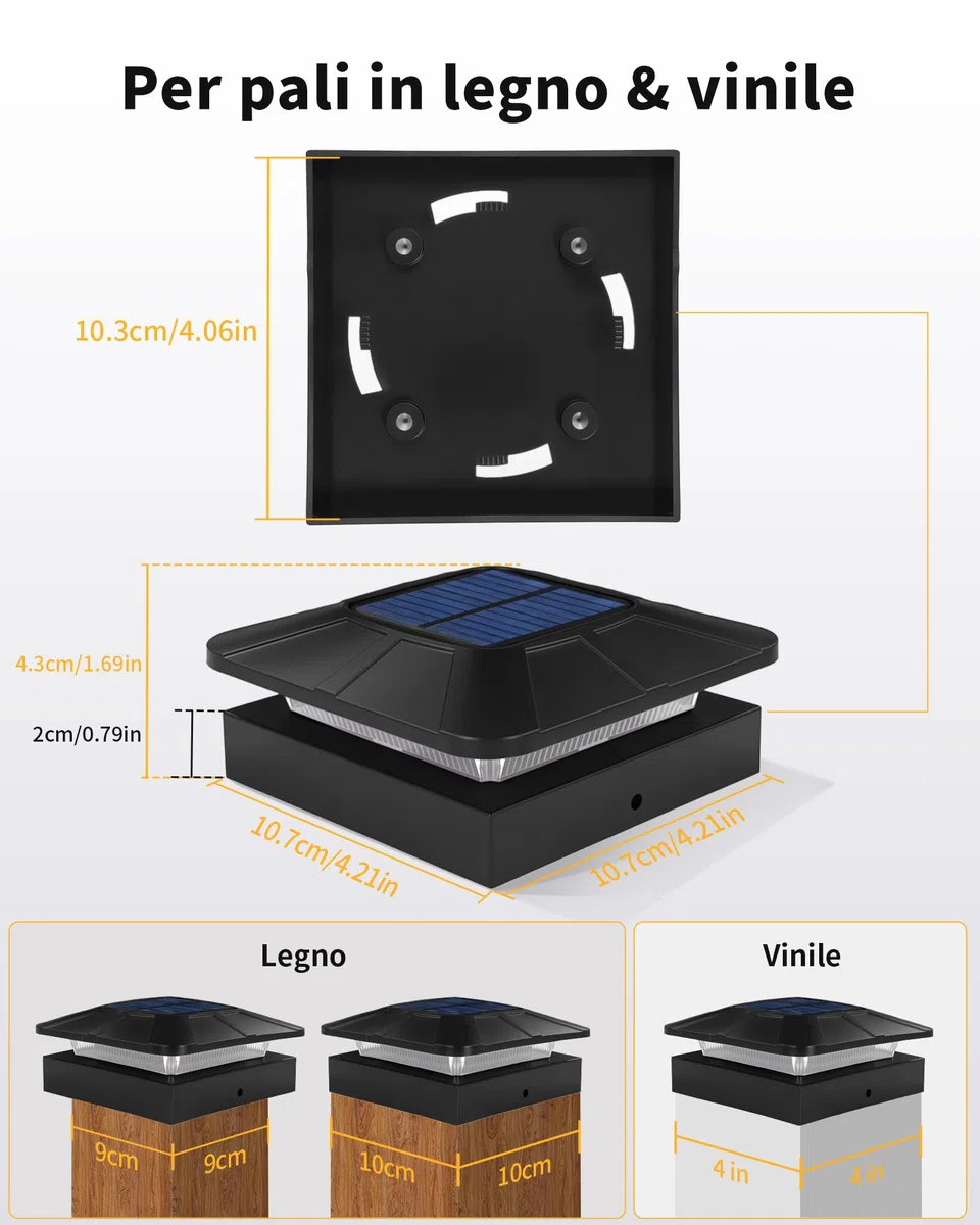 BRIMAX Plafoniera Solare per Pali 10x10 CM, 3 Temperature Colore 3000K/4500K/6000K, Regolabile 50%/100%, Autonomia 12-20H, Impermeabile IP65, Luce LED per Pali di Recinzione/Giardino/Terrazza, 2 Pezzi