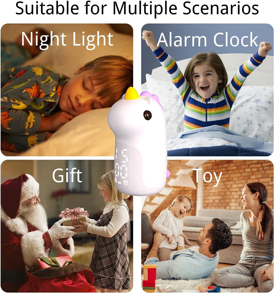 Unicorno Sveglia da Comodino con Luce Notturna Bambini, 3 Colori Dimmerabile Lampada Notturna Ricaricabile, in Silicone, Bel Regalo di Compleanno di Natale per Neonato, Bambina, Blu