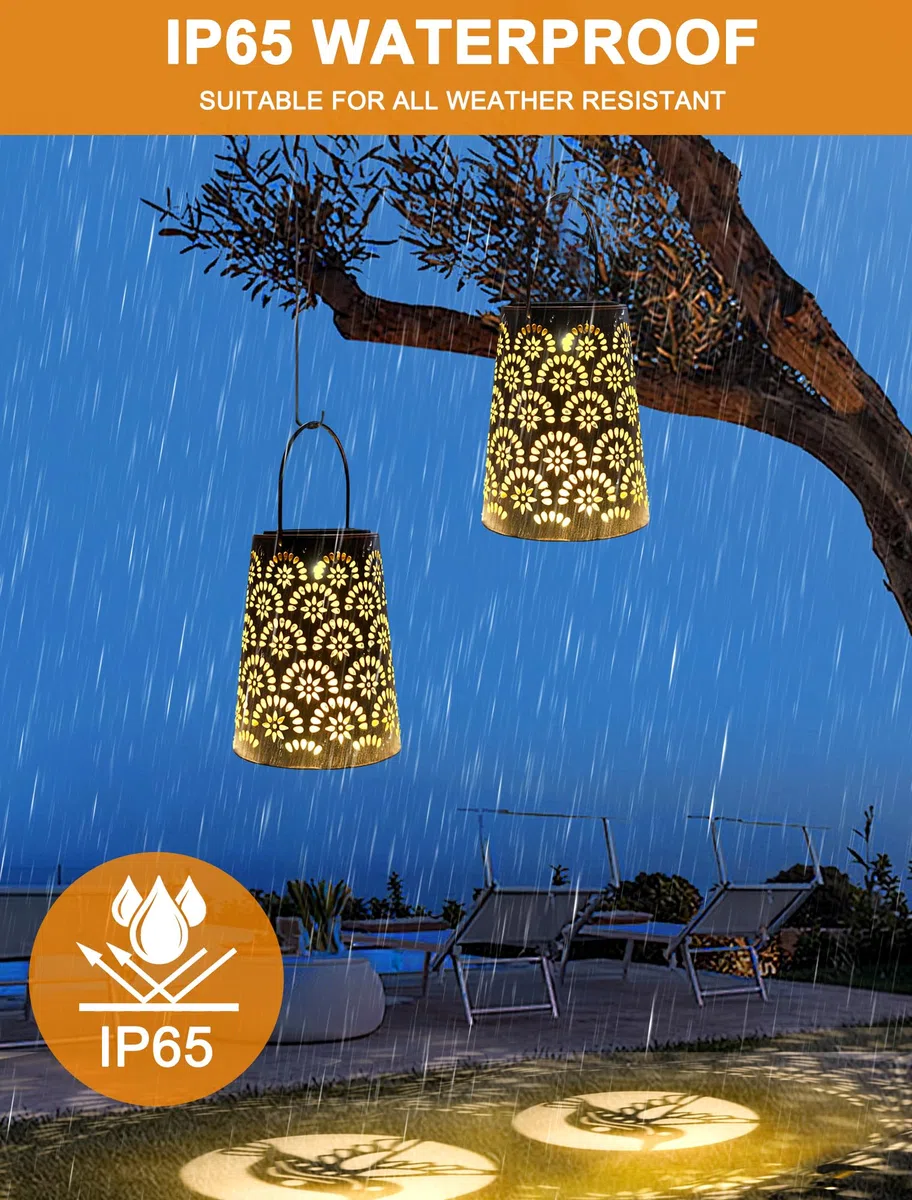 OUILA - 2 lampade solari per esterni, resistenti alle intemperie, in metallo, con protezione IP65, lampada solare decorativa a sospensione per balcone, terrazza, cortile, albero e campeggio