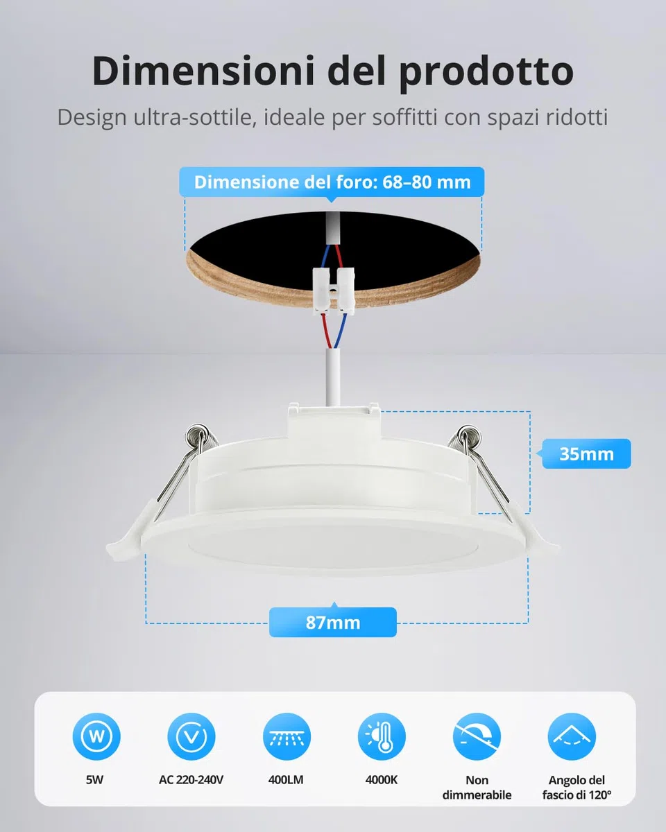 Gr4tec Faretti LED da Incasso per Cartongesso IP65, 10x 5W Faretti LED Soffitto Incasso Cartongesso Bianco Naturale 4000K, Faretto LED Interno 35mm Ultrasottili para Bagno Cucina, Foro 68-80mm