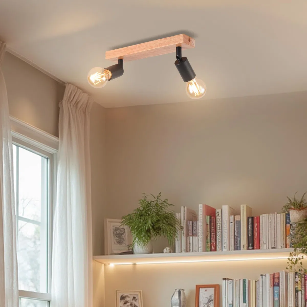 LVWIT Faretti LED da Soffitto Orientabili Nero, Faretto da Interno con 2 Lampadine LED E27, Base di Legno, Faretti Soffitto Retrò per Barra, Salotto,Cameretta, Cucina (Lampadine Escluse)