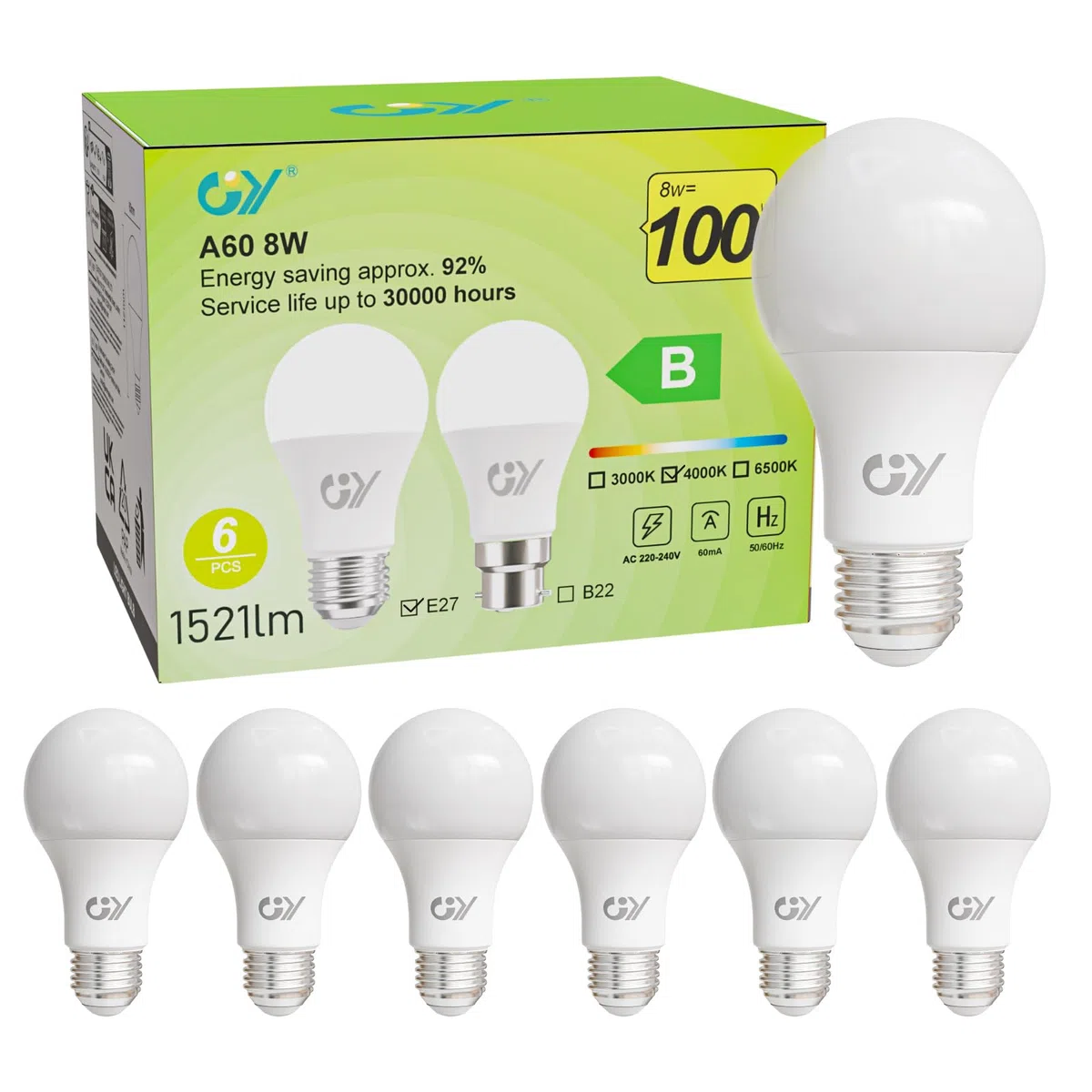 GY Lampadina LED E27, 8W(equivalenti a 100W), Lampadine LED 1521 Lumen, Lampadine LED E27 Luce Naturale 4000K, Fascio 360 Gradi LED, Lampade LED Risparmio Energetico A60, Non Dimmerabili, 6 Pezzi