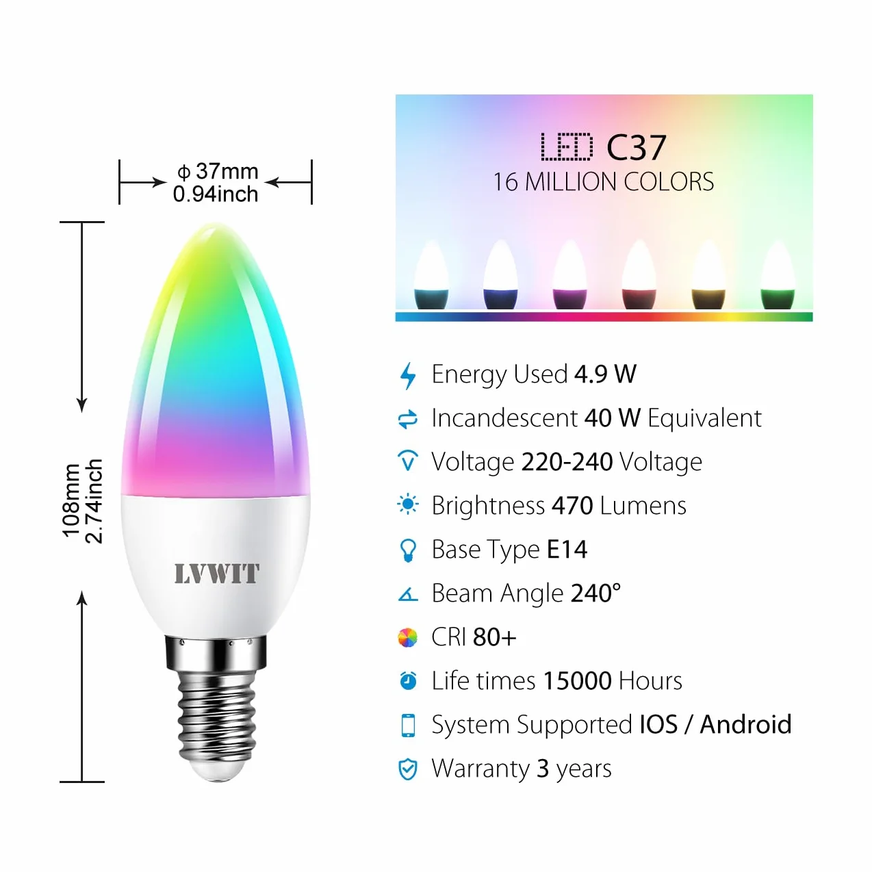 LVWIT Lampadine Alexa, Lampadina Smart E14 Wifi, 5W Equivalenti a 40W, 470Lm, Lampadine Smart con Telecomando Compatibile con Alexa, Echo and Google Assistant, RGB Intelligente Dimmerabile,2 Pcs