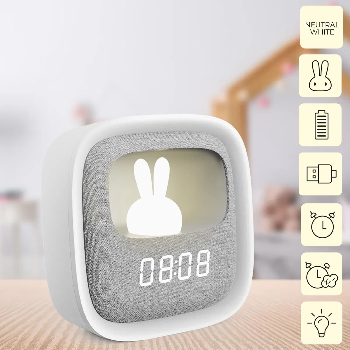 PURE FNL-06 AURORA LED Sveglia Night Bunny Light bianca quadrata