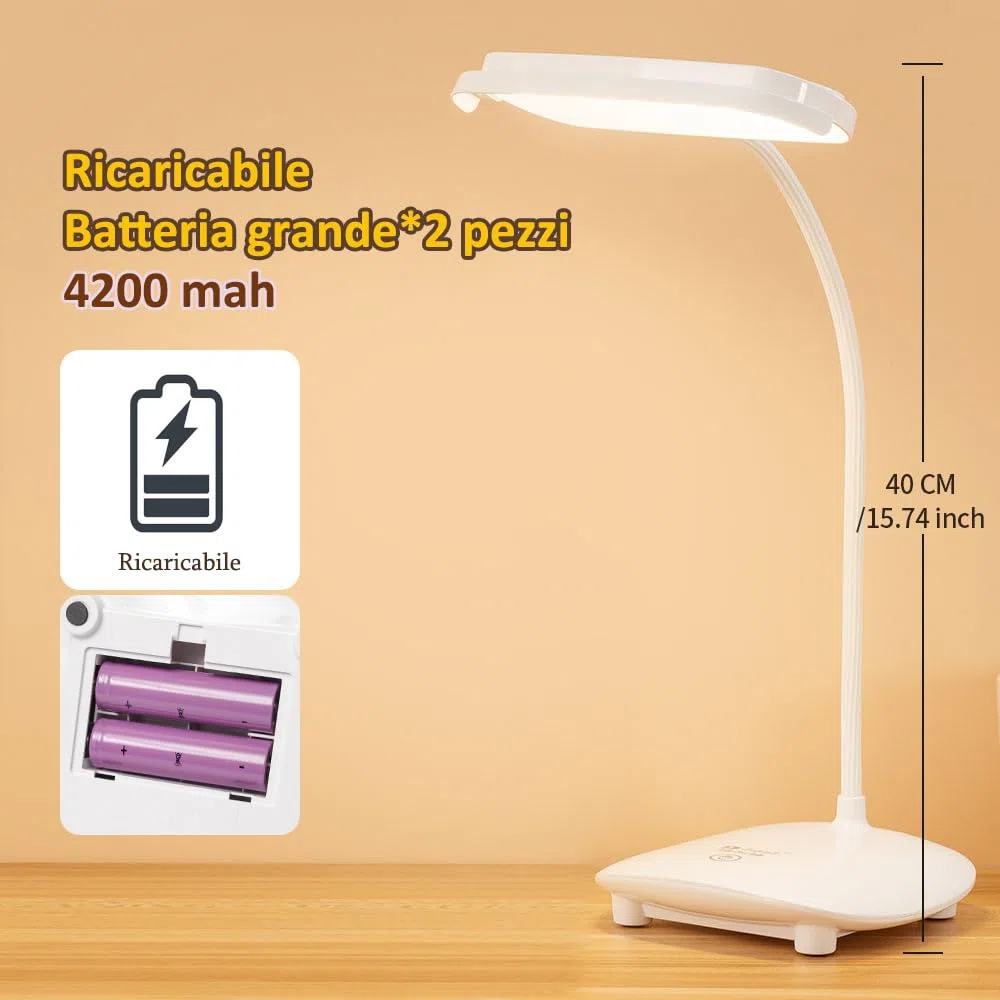 Lampada da Scrivania Senza Fili, Batteria Ricaricabile con 2 Batterie Da 4200 Mah, 40LED, Touch Dimmerabile, 3 Colori, Funzione Memoria, Ricaricabile, Lampada da Tavolo Portatile