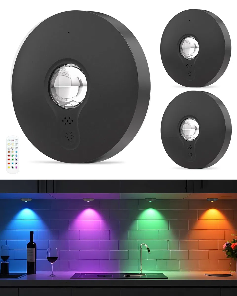 Faretto LED RGB ricaricabile con telecomando, cambia colore, lampada da incasso a LED, magnetica, dimmerabile, illuminazione per armadi, senza fili, con funzione temporizzazione, colore nero, 3