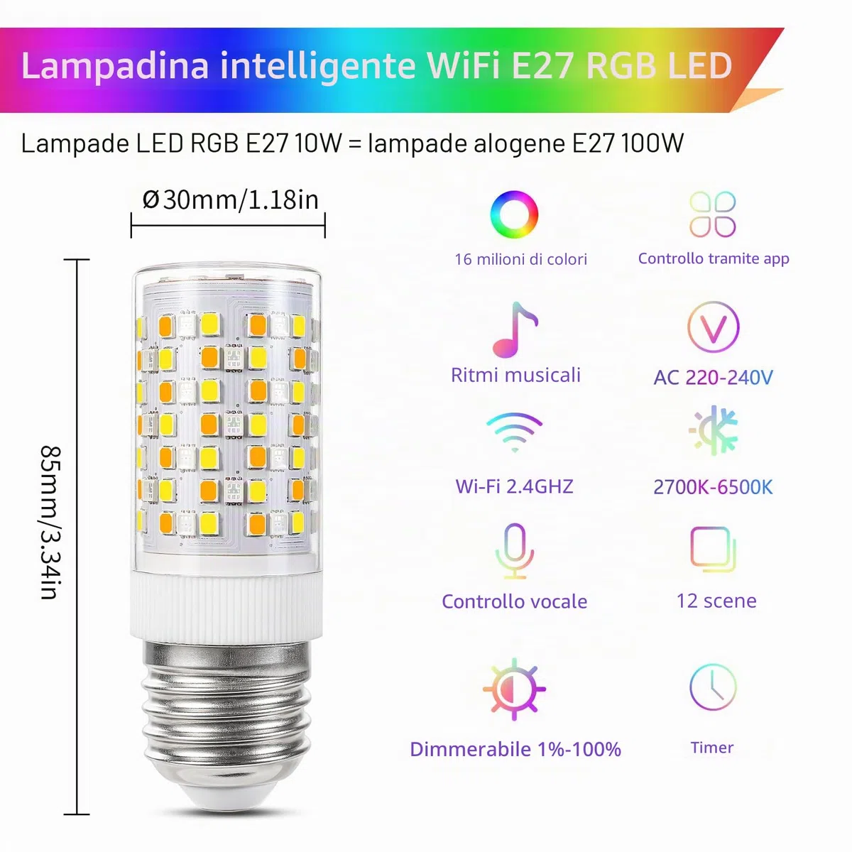 I-SHUNFA WiFi RGBWW E27 Led Lampadina intelligente,10W 800Lm (RGB & 2700K-6500K) AC 230V,cambio di colore con lampade a sincronizzazione musicale, Lavora con l'app Alexa Google home (2 pezzi)