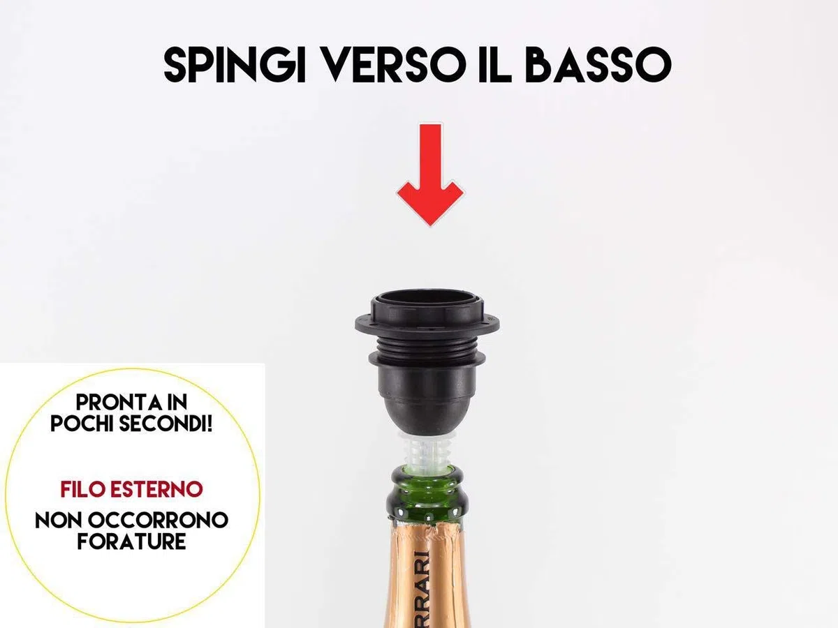 Kit Completo Paralume Nero + Adattatore portalampada E27 con filo e interruttore trasparente - Lampada Led A+ in omaggio! Trasforma una bottiglia in lampada! Lampabottiglia.it