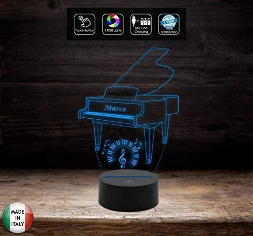 Generico Idea Regalo Musicista Piano Lampada LED Pianoforte Personalizzabile con Nome Musica - Acrilico e ABS - 7 Colori