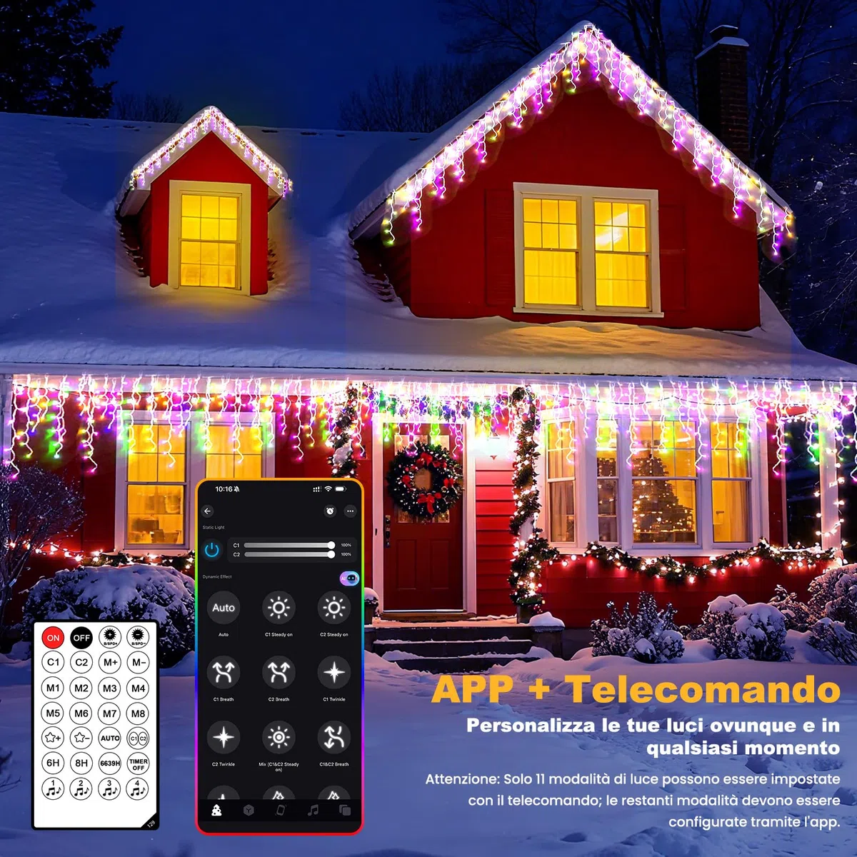 Luci Natale da Esterno Cascata, Luci Natale Esterno Bianco Caldo e RGB, Tenda Luci Natale Esterno con APP e Telecomando, 17 Modalità, 4 Luminosità, Timer, Decorazioni Natale Esterno(15M-600L,C/RGB)