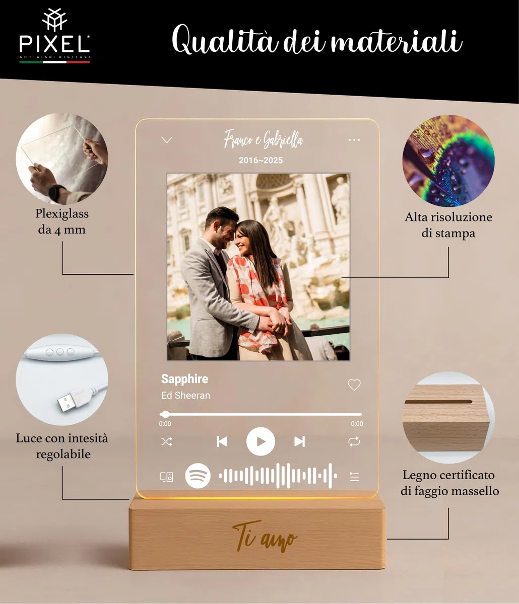 Pixel Artigiani Digitali - Targa Spotify Personalizzata con Lampada LED - Regalo San Valentino, Anniversario, Compleanno per Lui e Lei - Idea Regalo per Papà, Festa del Papà, Compleanno