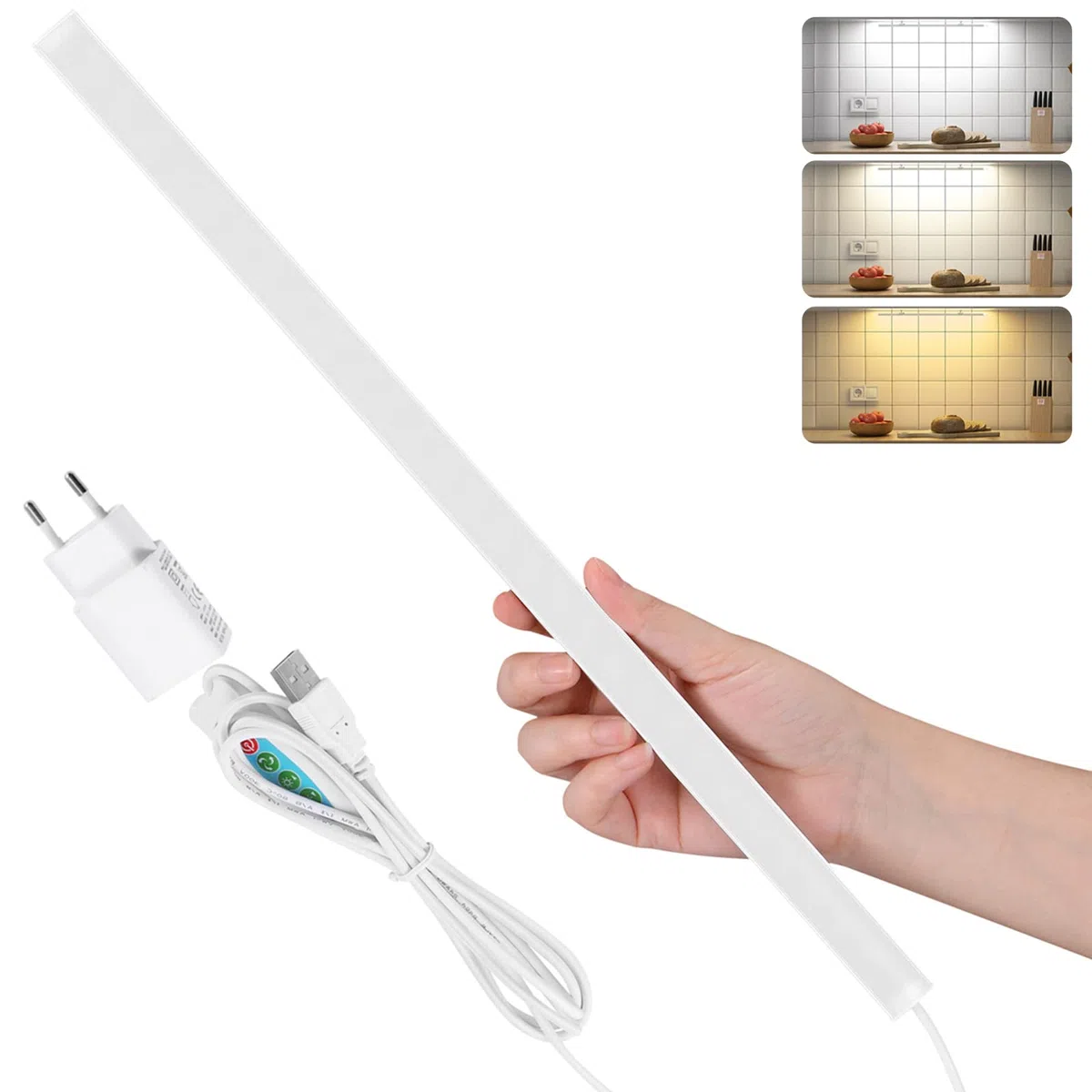 Lampada da incasso a LED, 40 cm, 650 lm, 7 W, dimmerabile, 3 colori di luce, bianco freddo/bianco neutro, facile da montare, lampada da cucina, armadio, cavo da 2 m, con alimentatore di rete USB