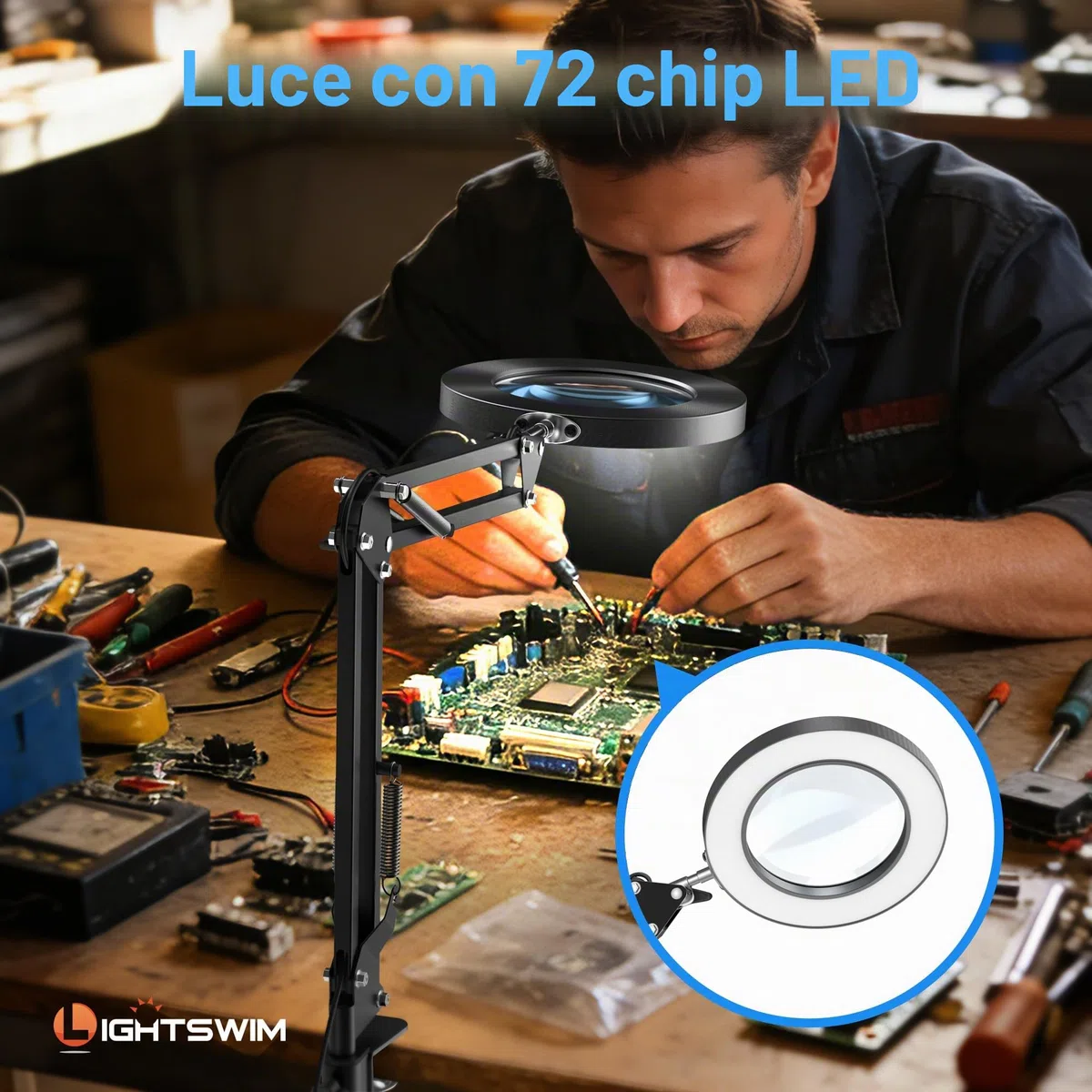 Lampada da scrivania con lente d'ingrandimento a LED 10X con morsetto, lente d'ingrandimento a mani libere con 72 LED, 3 modalità di colore, dimmerabile continuamente, include due lenti di