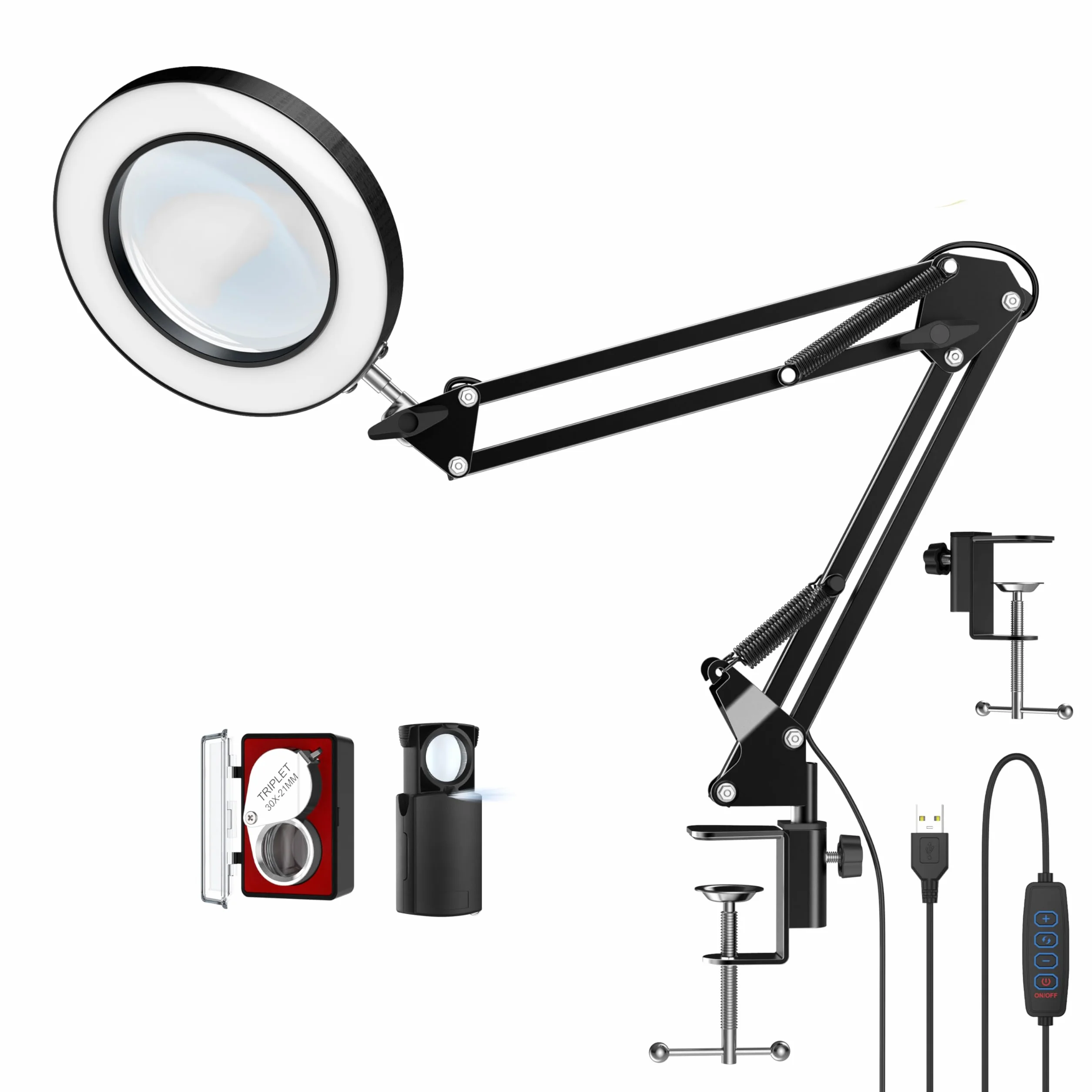 Lampada da scrivania con lente d'ingrandimento a LED 10X con morsetto, lente d'ingrandimento a mani libere con 72 LED, 3 modalità di colore, dimmerabile continuamente, include due lenti di