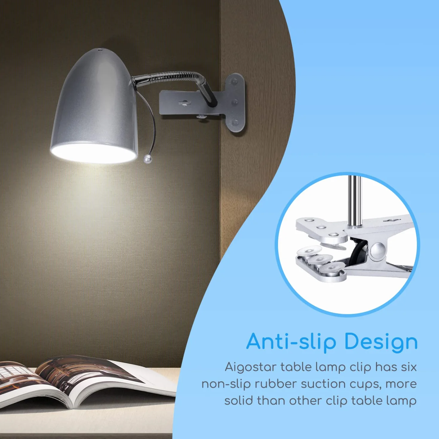 Aigostar Lampada da Lettura con Clip, Lampada da Scrivania Vintage con Clip, Lampadina Non Inclusa, Compatibile con Lampadine Modello E27, con Cavo da 153 cm, Argento