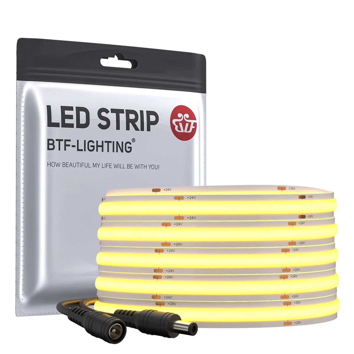 BTF-LIGHTING FCOB COB Striscia LED flessibile ad alta densità uniforme 14W/m 5M DC24V Bianco naturale 4000K CRI 90+10mm Larghezza Nastro LED dimmerabile per decorazioni(senza adattatore o controller)