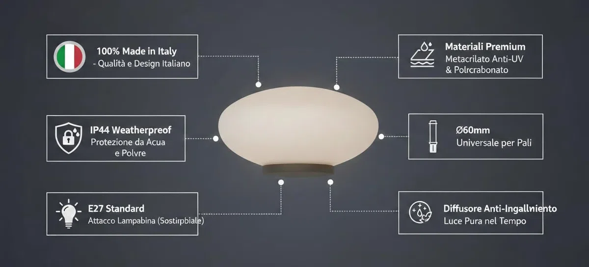 Testapalo Ellittico Ø 400mm Design Classico, E27 Opale o Trasparente, Policarbonato e Metacrilato Antingiallimento, Made in Italy, IP44 per Palo diametro 60mm (OPALE)