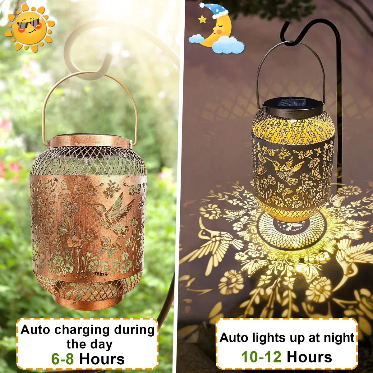 VEEKAY Lanterna Solare da Esterno,Lampade Solari da Giardino in Metallo,IP65 Impermeabile,Lanterna Decorativa Da Giardino per Tavolo, Esterni, Terrazzo, Balcone (Colibrì dei fiori)