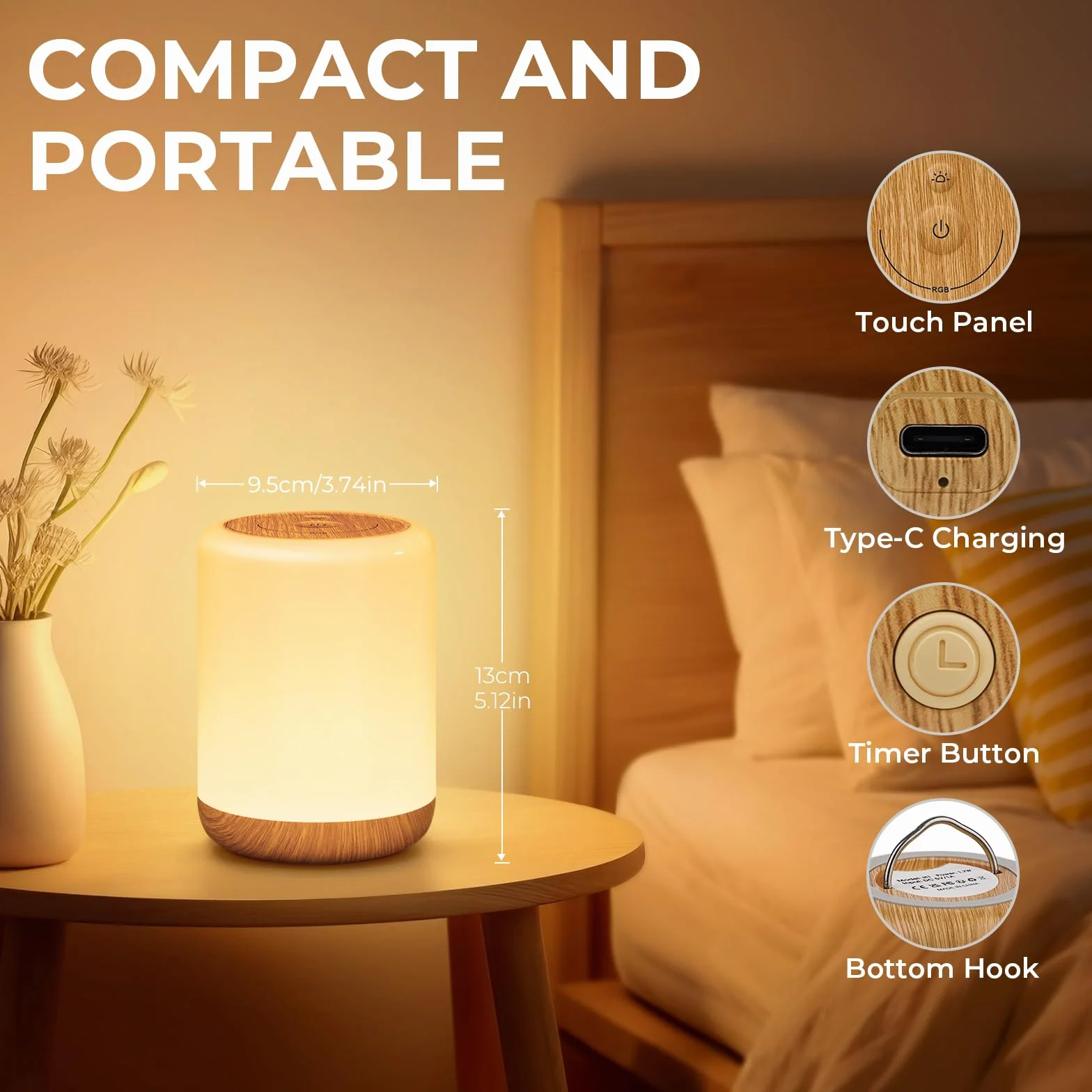 Set di 2 Lampada da Comodino Senza Fili LED, 2000mAh Luce Notturna Ricaricabile, 256 RGB e 3 Modalità Abat Jour da Comodino Luce Notte Bambini con Timer per Camera da letto, Soggiorno