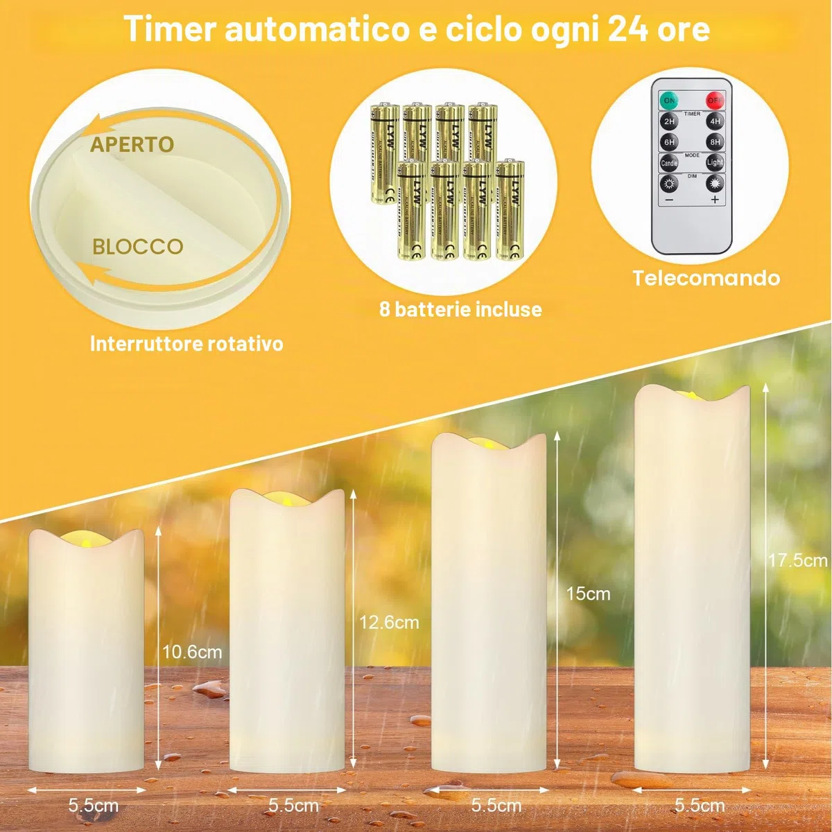 EXTSUD Set di 4 Candele a LED senza Fiamma con Telecomando, Impermeabili Outdoor LED Candele, Luce Notturna Antivento, LED Candela Decorazione Romantica per Matrimoni San Valentino Anniversari