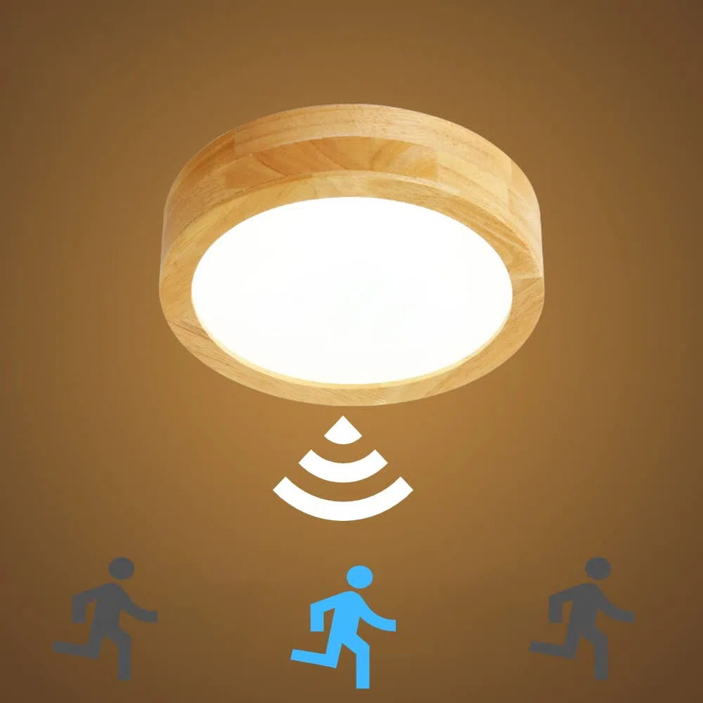 XKAI Plafoniera LED Con Sensore di Movimento - XKAI 12W Lampada da soffitto con sensor a Microonde - Lampade da parete In Legno per Balcone Scale Corridoi Cantina Seminterrato - 3500K 23cm