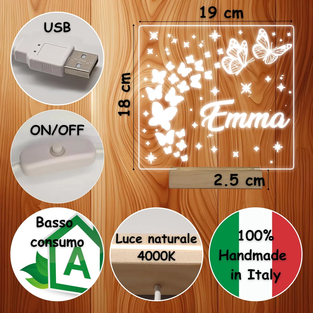 CandleSweetCandle - Lampada LED 3D Personalizzata con Nome Inciso - Luce Notturna Perfetta per Cameretta Bambini, Scrivania e Decorazione Tavolo Torta - Regalo Ideale per Nascita, Compleanno e Natale