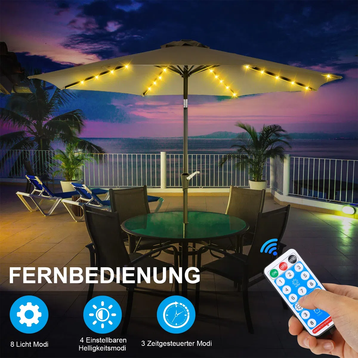 Illuminazione solare per ombrellone,104 LED Luci per Ombrelloni da Esterno con Telecomando e 8 Modalità,IP67 Impermeabile Catena di luci per ombrelli per Esterno, Giardino, Ombrelloni, Campeggio