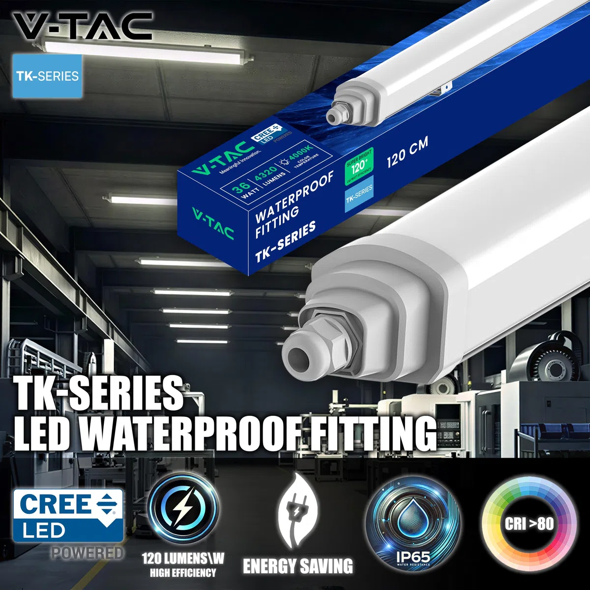V-TAC Plafoniera LED Impermeabile 120 CM - [CREE LED - TK-SERIES ] - 36W - Lampada da Esterno IP65 per Soffitto e Parete - 4320 Lumen - PC BODY - Garage, Negozio, Magazzino - Luce Naturale 4000K