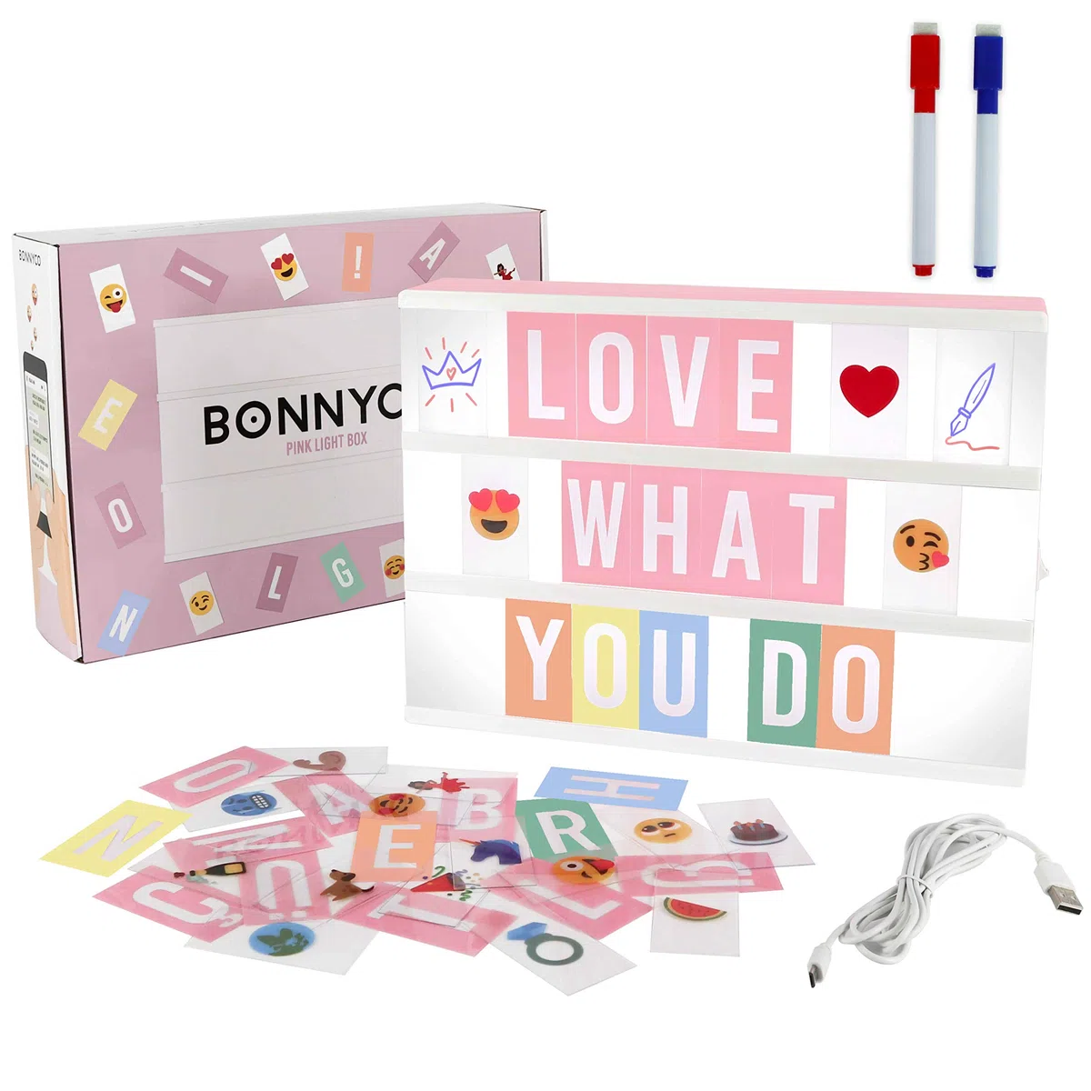 BONNYCO Light Box Rosa con 400 Lettere ed Emoji, 2 Pennarelli. Lavagna Luminosa con Lettere, Idee Regalo Bambina, Ragazza e Donna per Compleanno Natale. Scatola Scritte Luminose, Decorazioni Camera