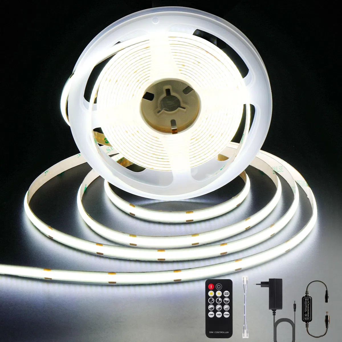 ANTENLICHT Striscia LED COB 5M Bianco Freddo 6000K 36W, Strip LED Dimmerabile con Telecomando, CRI90+, 24V Larghezza 8mm, Striscia LED Adesivo Tagliabile