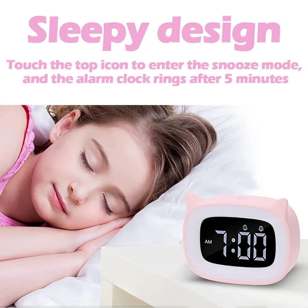 Sveglia Digitale Bambini, sveglia da comodino digitale 18 Musica allenamento del sonno per bambini Doppia Sveglia con Snooze LED Wake up Light Funzione di Ricarica, Rosa
