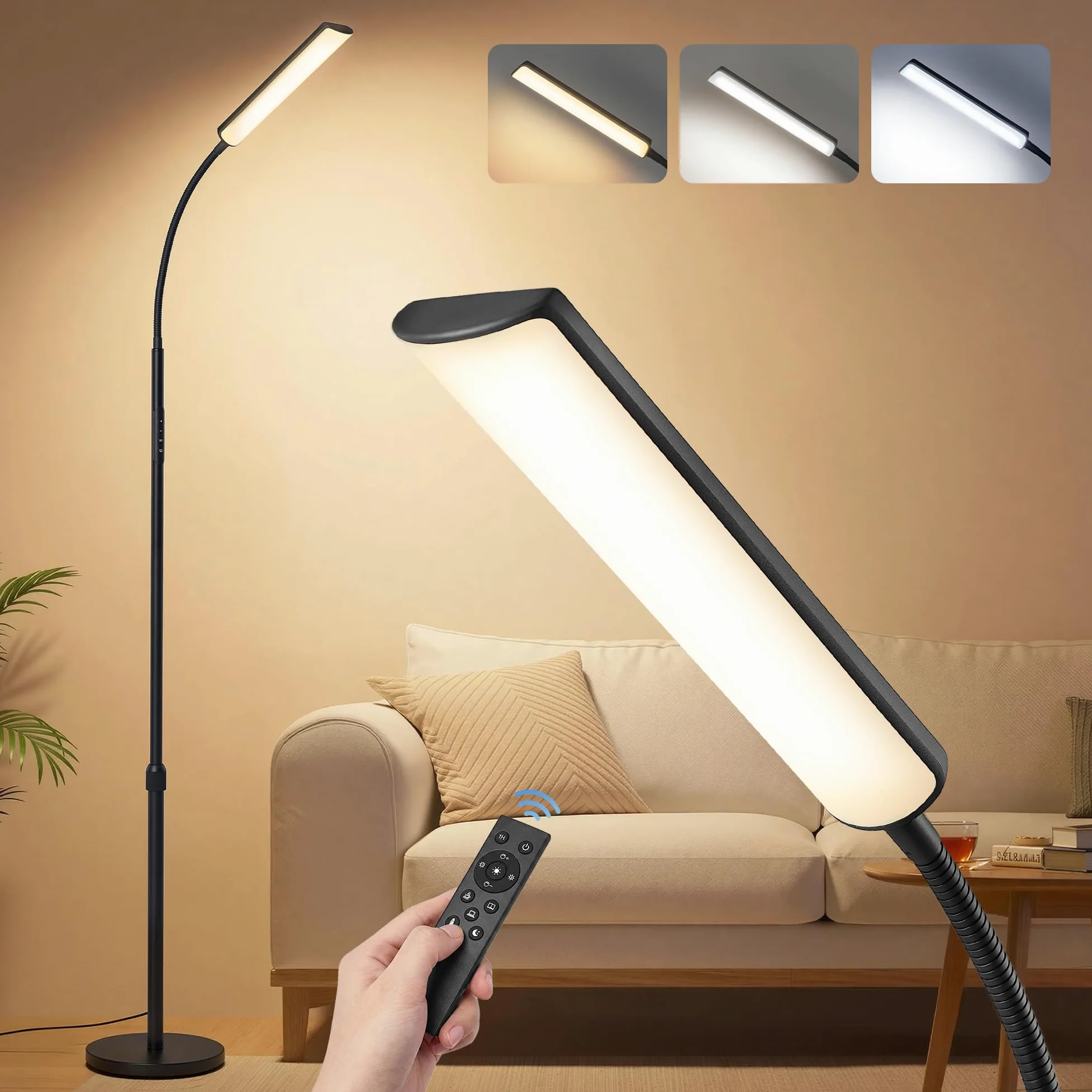 VASAGLE Lampada da Terra, Altezza Regolabile 141-175 cm, Piantana Moderna da 15 W con Testa Flessibile a 360°, Timer e Funzione di Memoria, Pulsante e Telecomando, Soggiorno, Nero Opaco LFL007BD02