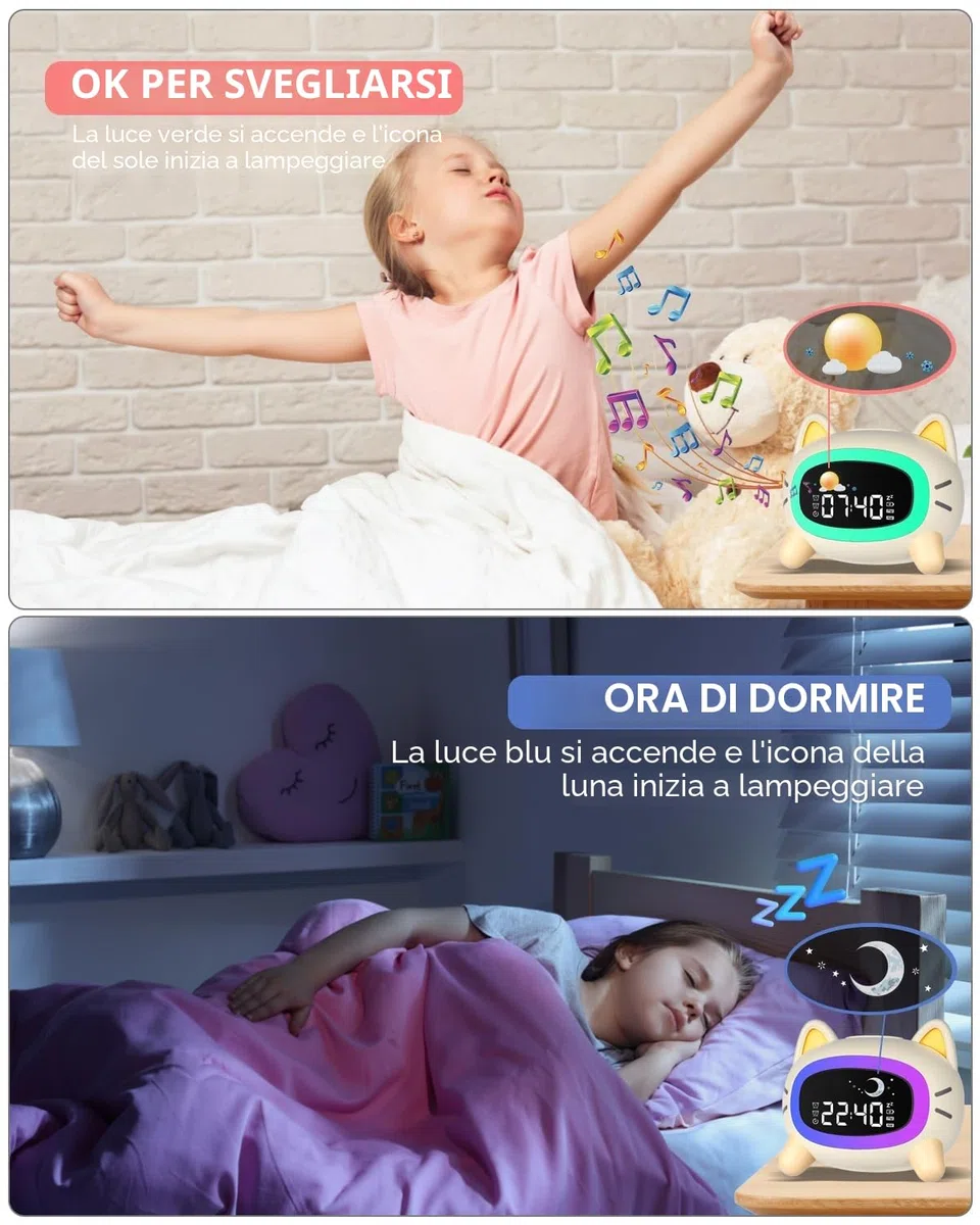 Uplayteck Sveglia per Bambini, Sveglia da Comodino per Bambine con 5 Luci Notturne & 4 Livelli di Luminosità, USB Ricaricabile Sveglie Luce Notturna con Snooze & 2 Allarme, Digitale LED con 7 Musica