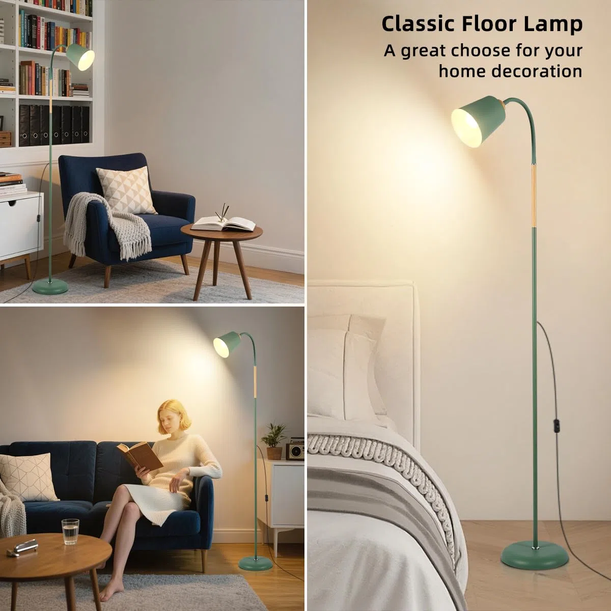 ANTENLICHT VILI | Lampada a stelo per soggiorno, attacco E27, max. 60 W, altezza 159 cm, lampada da lettura con cavo da 200 cm, senza lampadina, camera da letto e studio, verde