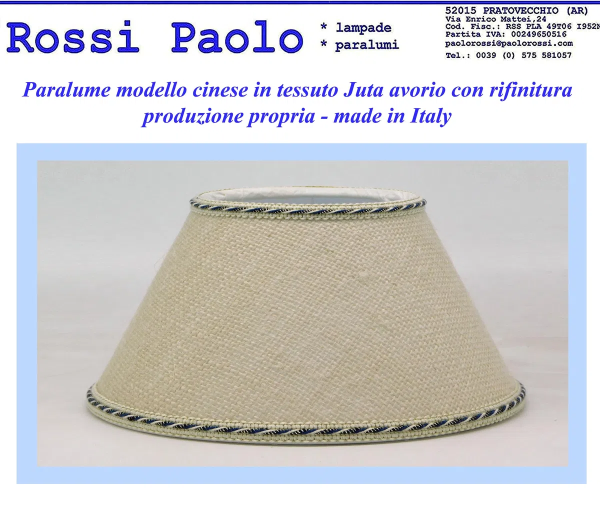 Paolo Rossi paralume coprilampada in juta avorio con rifinitura blu e oro antico- produzione propria, Made in Italy (diametro 35, Cinese)