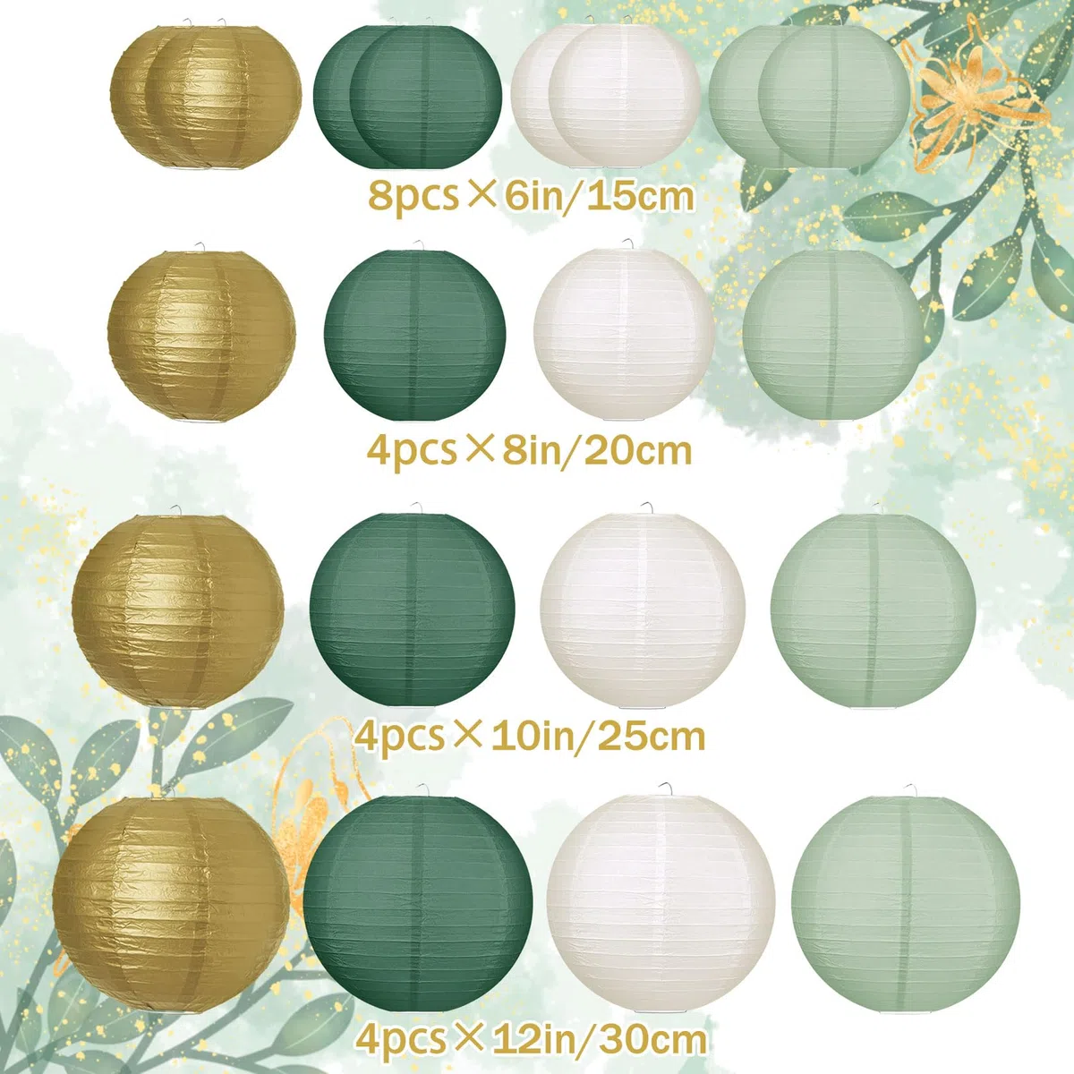 Idota 20 lanterne di carta, colore verde salvia, rotonde, da appendere, per matrimoni, baby shower, feste in giardino (diametro 15 cm, 20 cm, 25 cm, 30 cm)