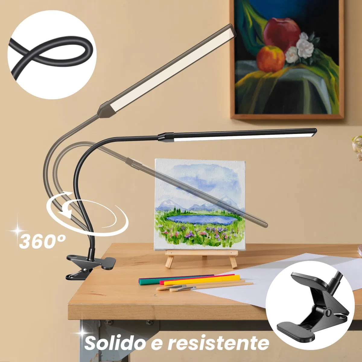 Lampada con Pinza Morsetto per Pittura Artistica, 3 Modalità Colore, 10 Livelli Luminosità, 300lm Luce da Lettura per Dipingere e Disegnare con Braccio Flessibile, Alimentazione USB