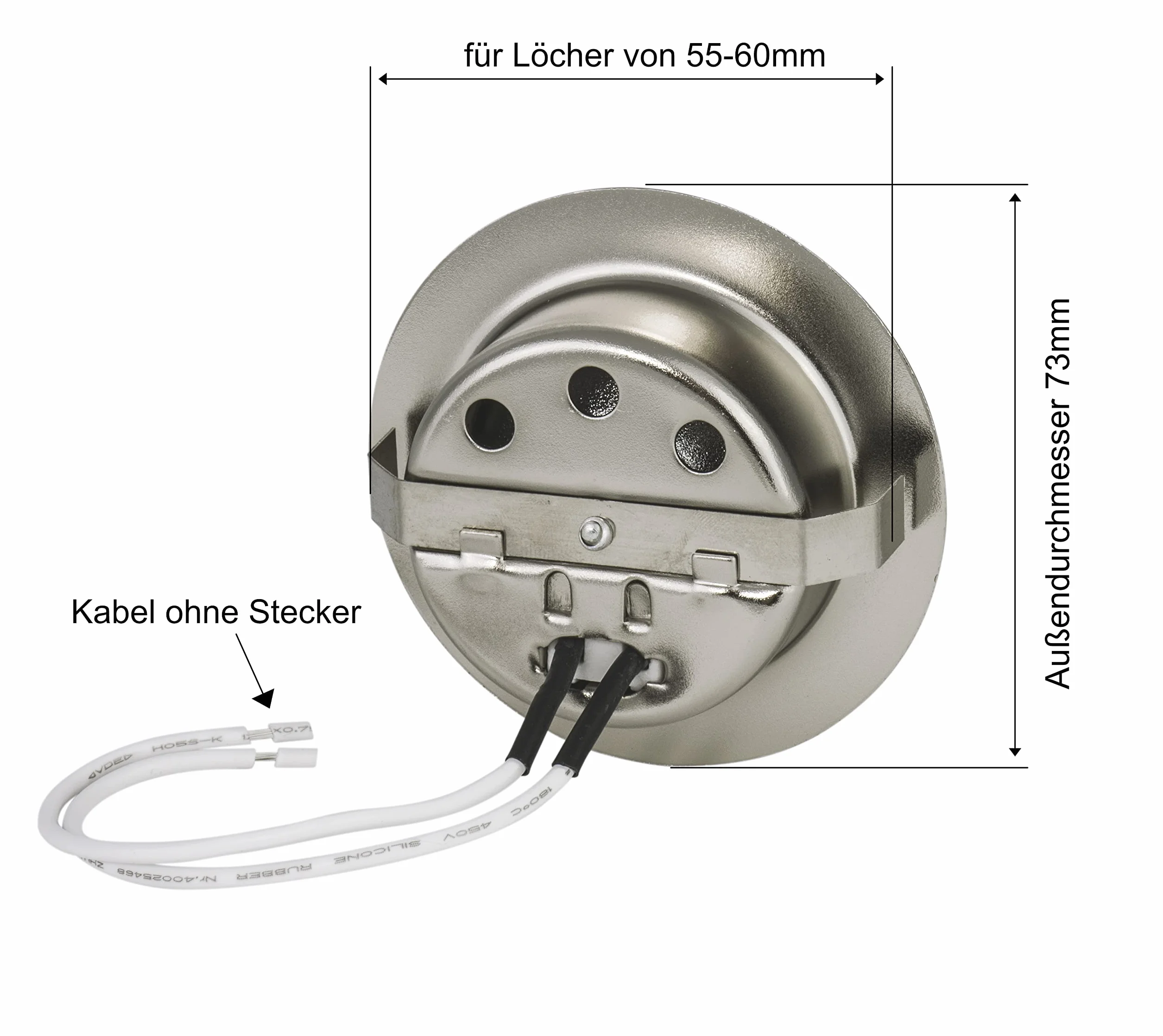 Lampada da incasso per mobili - 12 Volt AC G4, 20 Watt lampadina inclusa (dimmerabile), foro: 55-58 mm; diametro esterno: 65 mm; profondità di incasso: 30 mm; lampadina sostituibile, adatta anche per LED