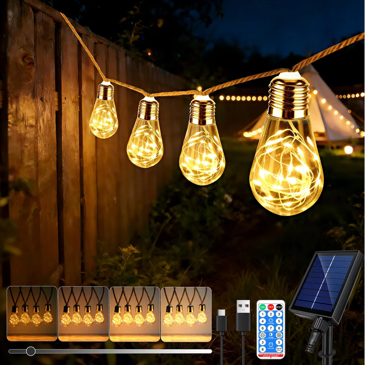 Caldarax 8M 16 LEDs Catena Luminosa Esterno Solare, Corda di Canapa Luci Solari Esterno, 8 Modalità, IP65 Impermeabile, Decorazione per Giardino, Cortile, Patio, Albero, Natale(Bianco Caldo)