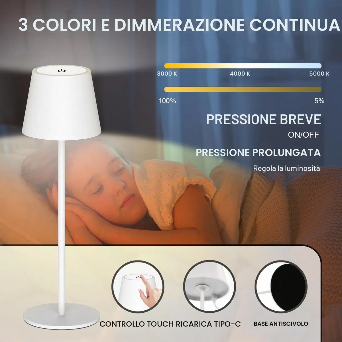 ANTELA Lampada da Tavolo LED Senza Fili Ricaricabile, Dimmer Touch 3000K/4000K/5000K, Lampada da Scrivania Portabile, IP44, per Interni/Esterni, Ristorante/Camera da Letto/Bar, Bianco