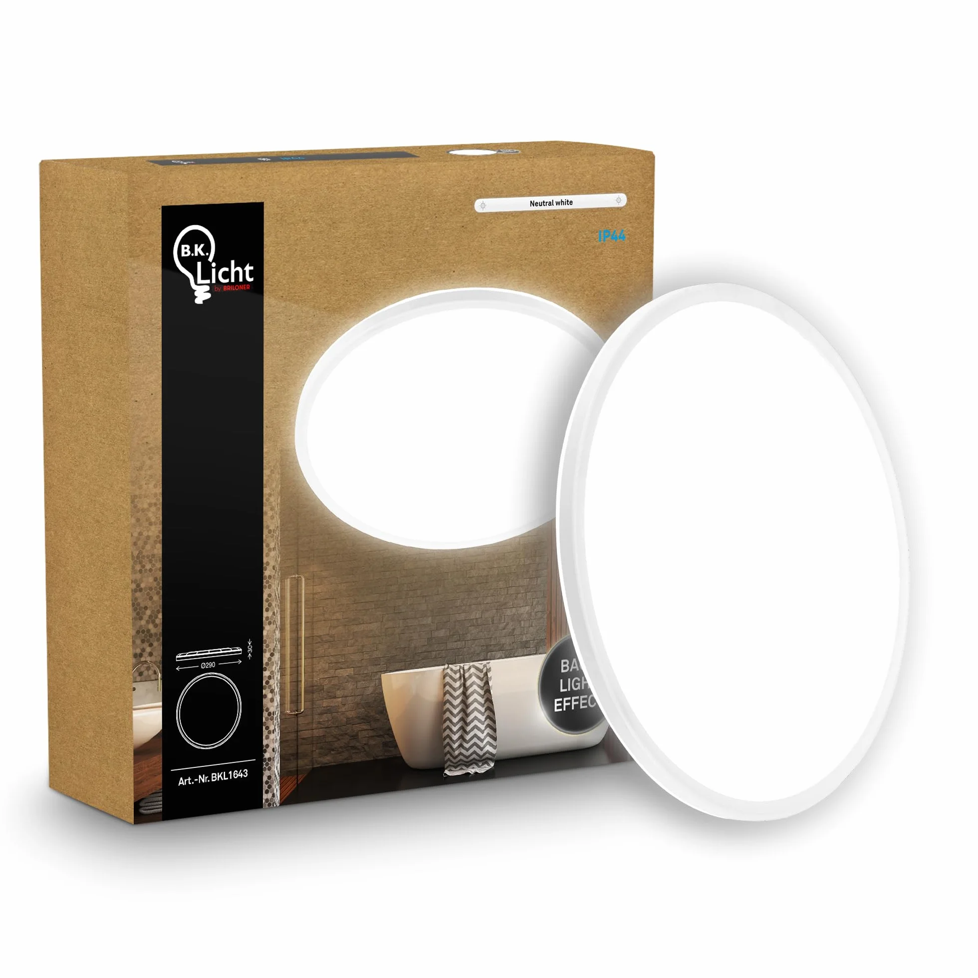 B.K.Licht - Pannello LED piatto con illuminazione indiretta, luce bianco neutro, protezione IP44, plafoniera bagno, plafoniera cucina, lampadario, lampada soffito, 29 x 3 cm, bianco